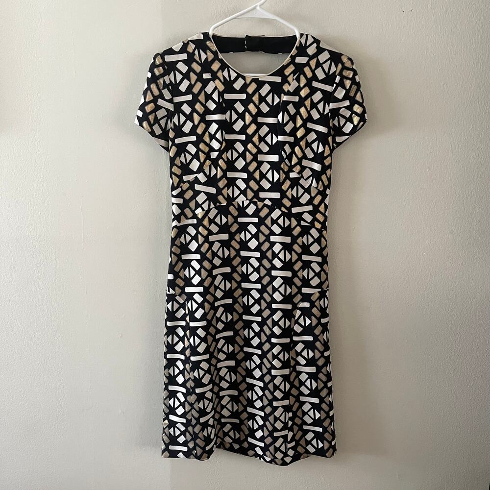Marni Geometric Dress 38 US 4 Black Gold Silk Blend Jacquard Open Back Sheath